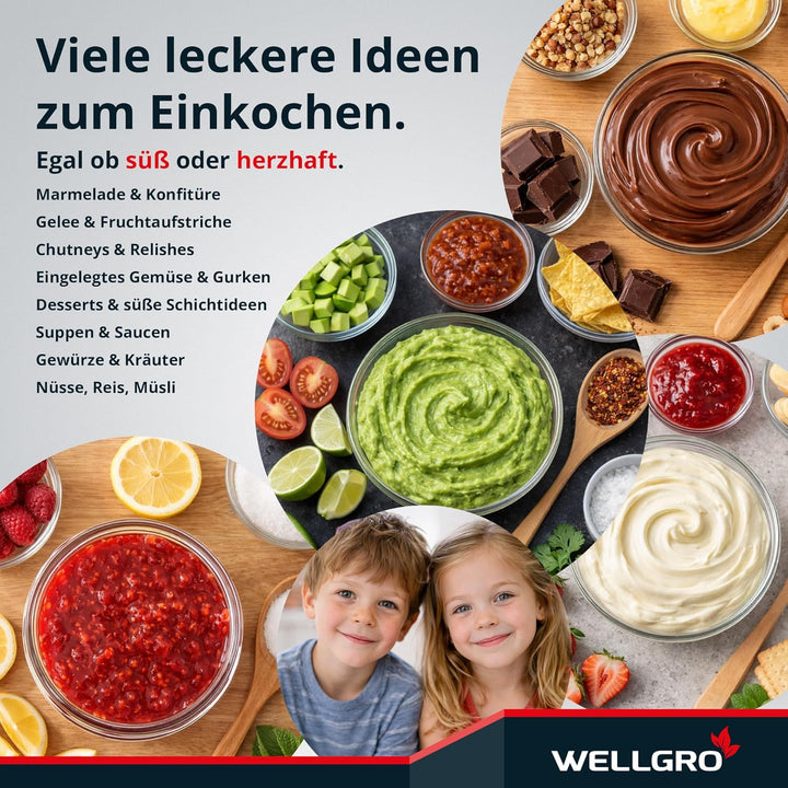 WELLGRO 200x Einmachgläser mit Schraubdeckel - 435 ml, 8,5 x 12 cm (ØxH), Glas/Metall, grün karierte