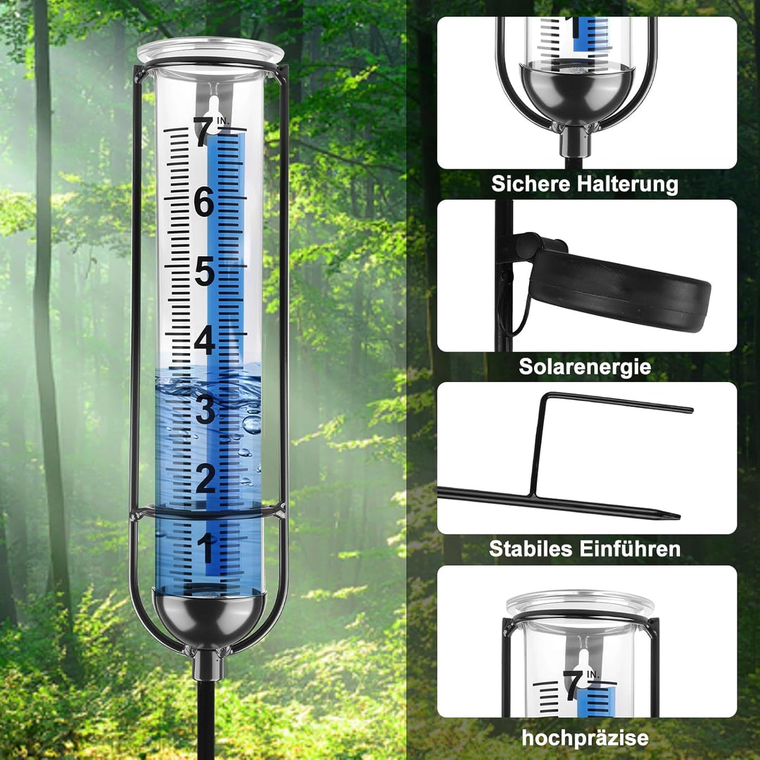 HOSPAOP Solar Regenmesser für Garten mit Erdspiess und LED, Niederschlagsmesser Frostsicher Glas für