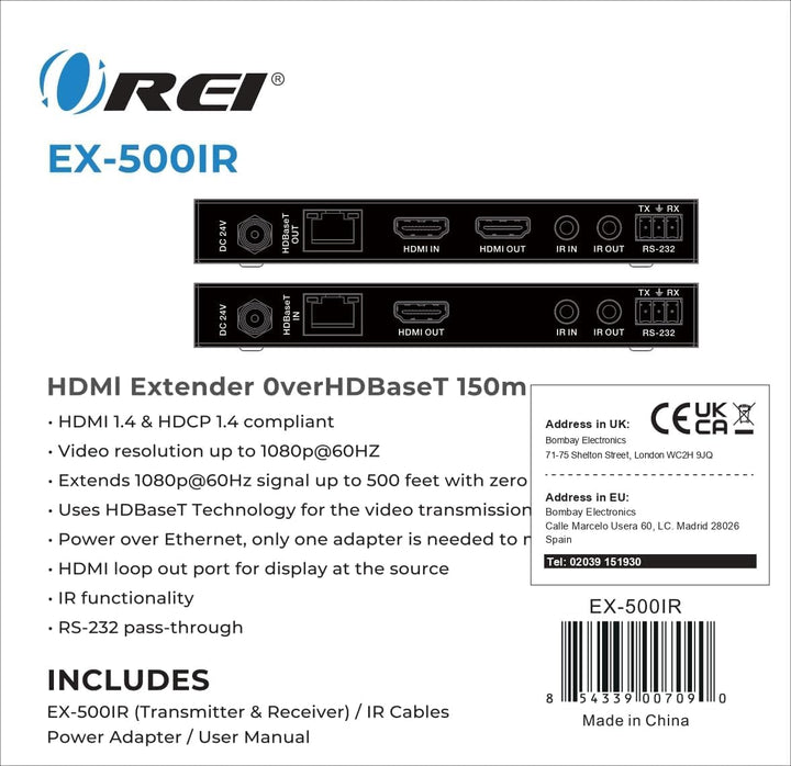 OREI HDBaseT HDMI Extender Over Cat5e/6 Ethernet LAN Cable - Up to 500 Feet - IR, HDMI Loop-Out, RS-