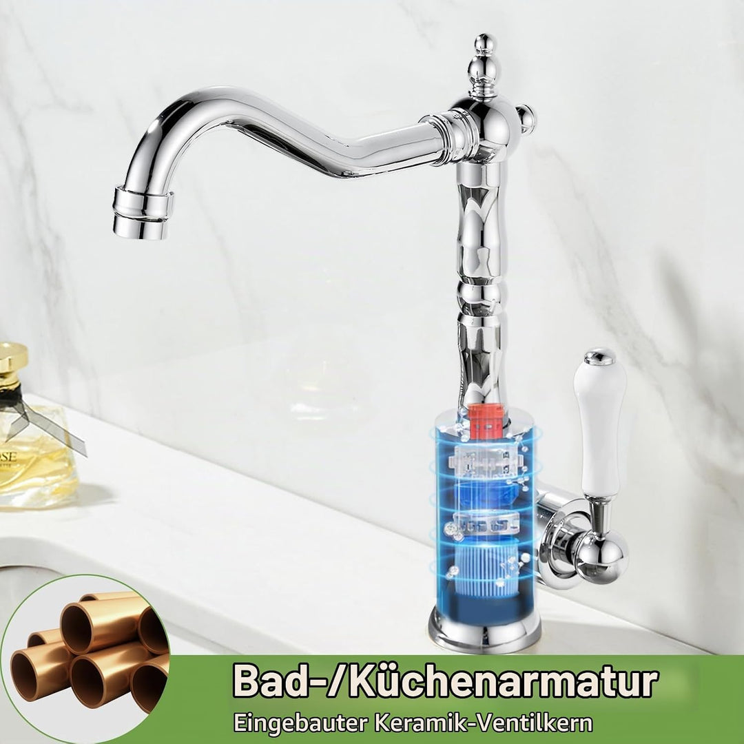 Wasserhahn Küche Retro, Küchenarmatur 360° Drehbar, Mischbatterie mit Einhebelmischer für Bad/Küche,