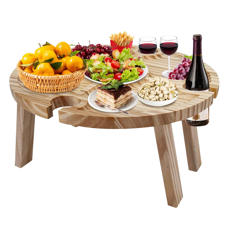 Faltbarer Picknicktisch aus Holz: Tragbarer Picknick Weintisch mit Rotweinglashalter, Rund Holz Gart