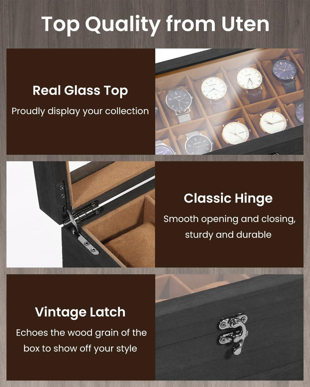 Uten Uhrenbox mit 12 Fächern, 2 Ebenen Uhrenkasten aus Massivholz mit Glasdeckel, Uhrenkissen Seiden