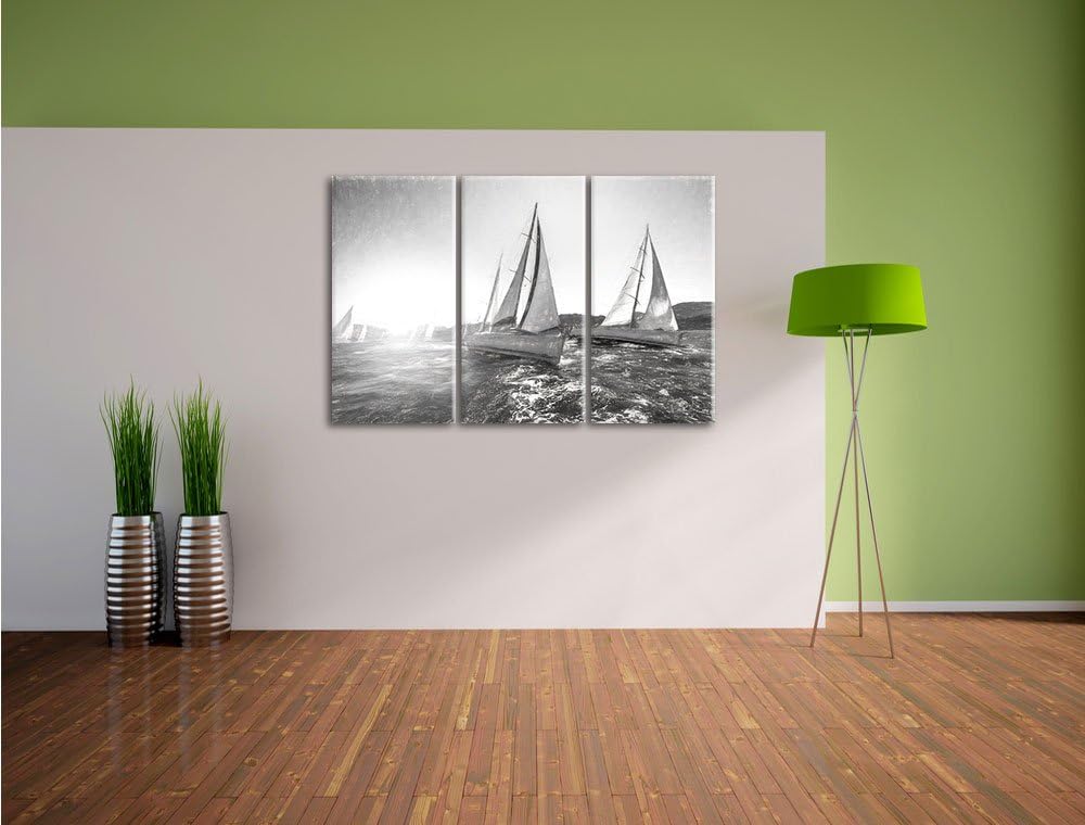 Pixxprint Luxusyachten bei Segelregatta Kunst Kohle Effekt 3-Teiler Leinwandbild 120x80 Bild auf Lei