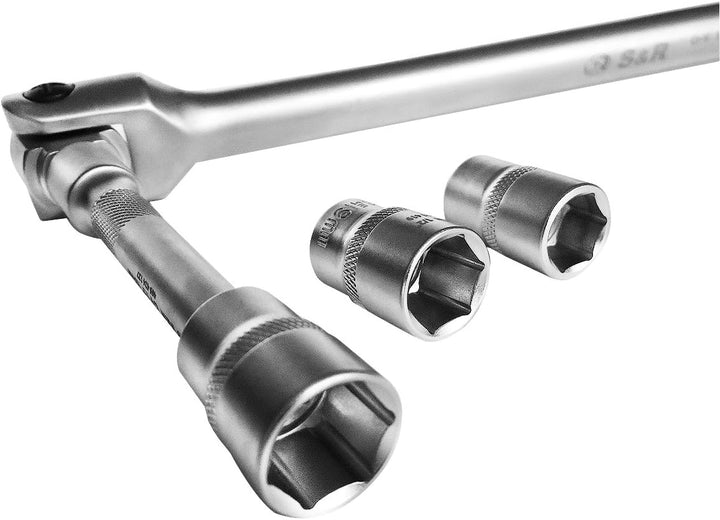 S&amp;R Gelenkgriff SET 1/2" 600 mm, Ø 16 mm, Steckgriff Verlängerung 125 mm und Einsätze Nüsse 17mm, 19