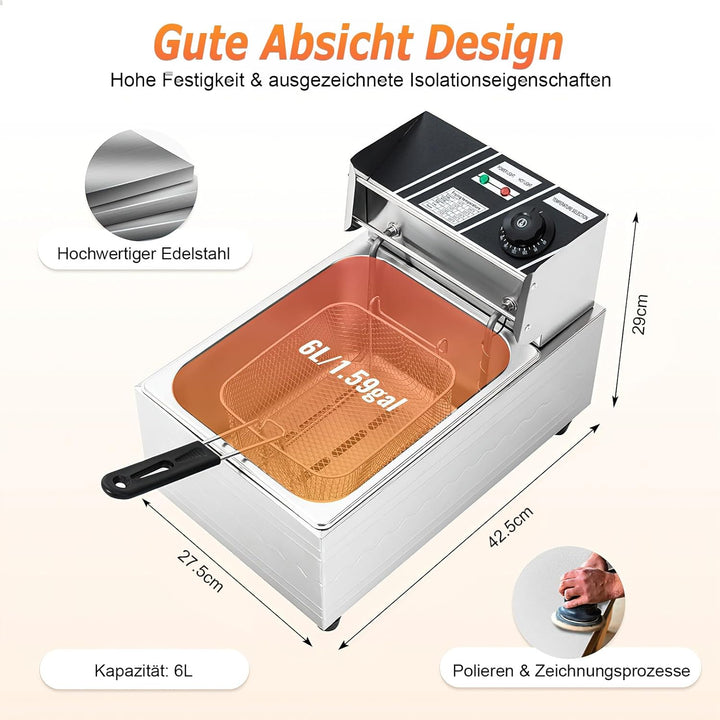 6L 2500W ÖL-Friteuse aus Edelstahl, Elektrische Fritteuse mit stufenlose Temperatureinstellung(60-20