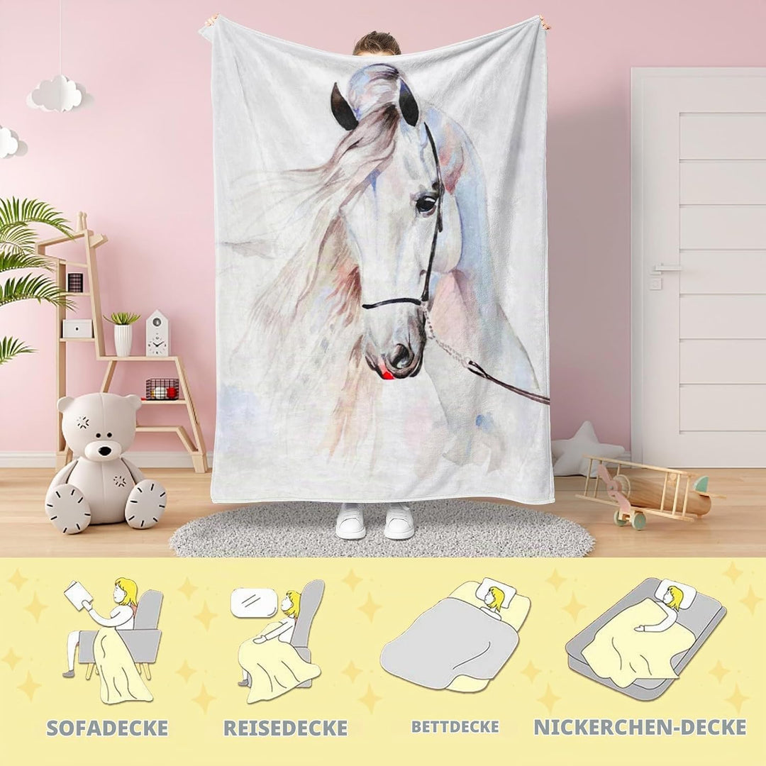 Weiche Decke mit weissem Pferd 150x200 cm, Pferdemotiv 3D Tier Motiv, Mikrofaser, Sehr Weich, Kinder