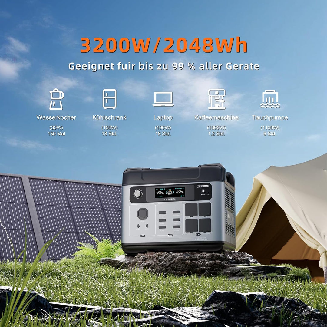 OUKITEL P2001E Pro Tragbare Powerstation 3200W, Solargenerator 2048Wh LiFePO4 Batterie, 1Std Schnell