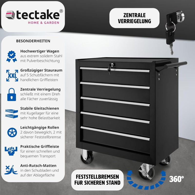 tectake® Werkzeug Wagen mit 5 Schubladen, Werkstattwagen, Tool Werkzeugwagen fahrbar, Werkzeugtrolle