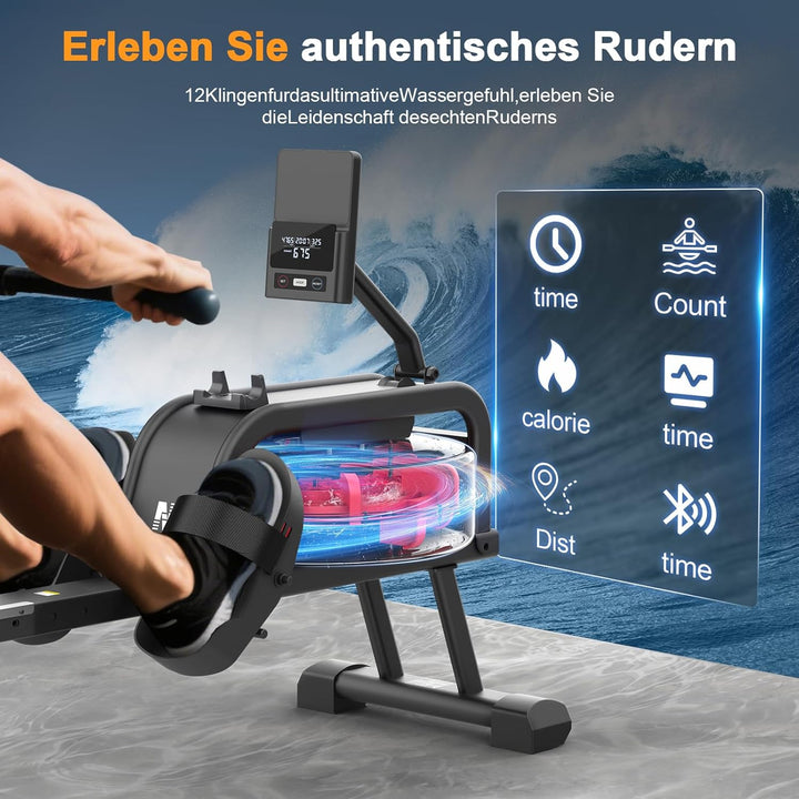 Neezee Rudergerät für zuhause, Rudergerät Wasser mit Professioneller Bluetooth-Monitor und Tablet-Ha