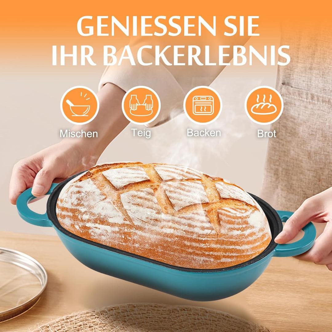Gusseisen Brotbackform mit Deckel, 23 cm Emaille Gusseisen Topf Brot Backen, Bräter mit Deckel 2,75