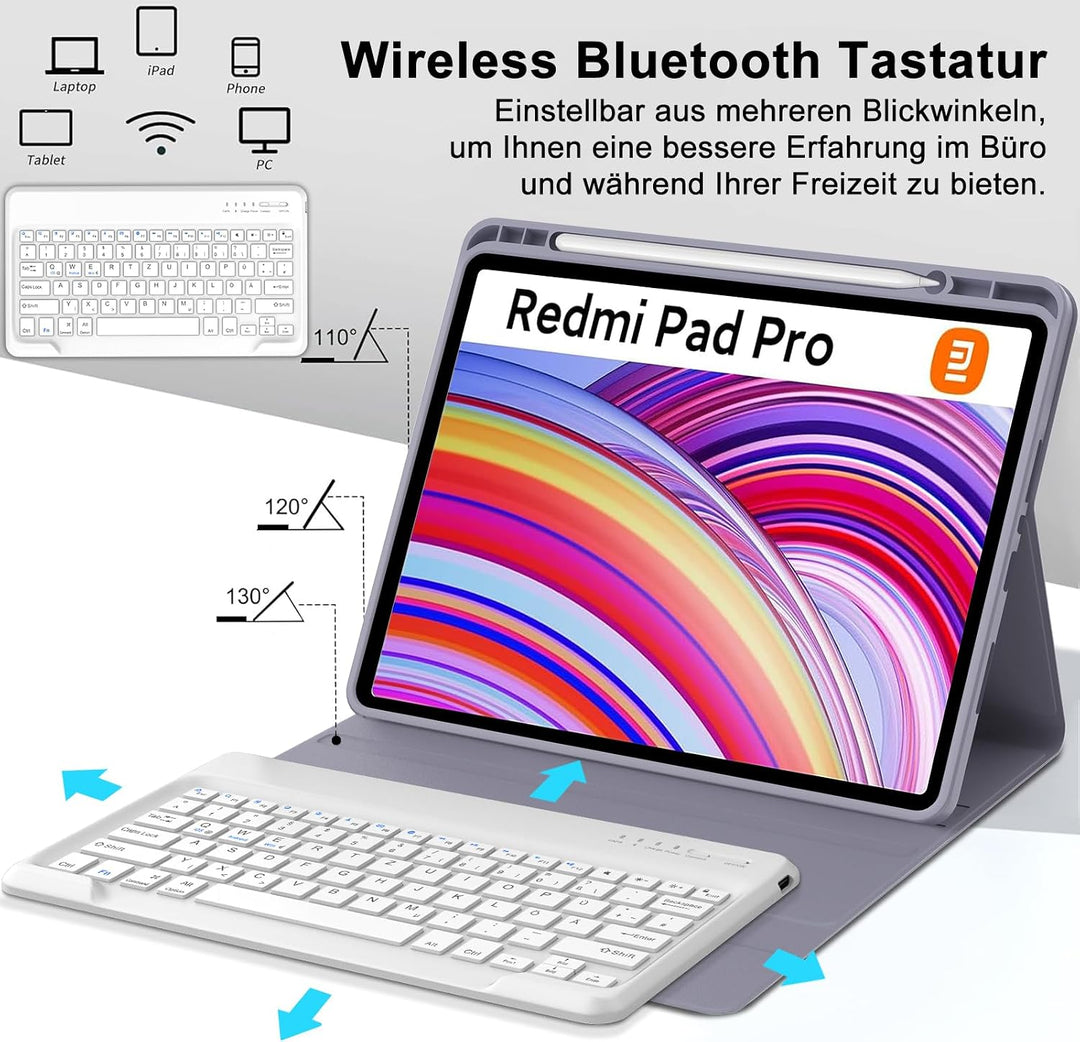 Tastatur für Redmi Pad Pro 12.1"/Xiaomi Poco Pad 2024, Lila | Hülle mit Tastatur für Xiaomi Redmi Pa