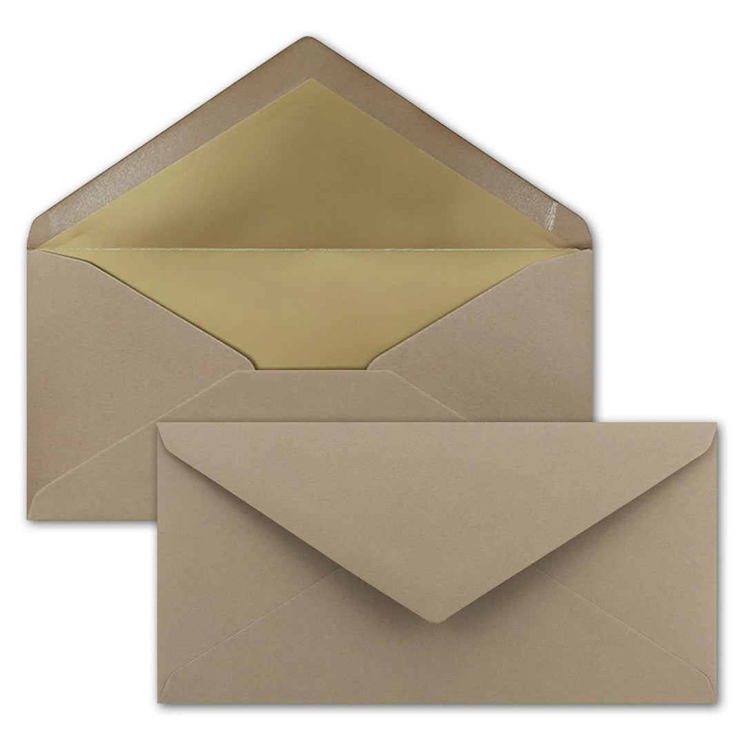 75 Brief-Umschläge DIN Lang - Cappuccino mit Gold-Metallic Innen-Futter - 110 x 220 mm - Nassklebung