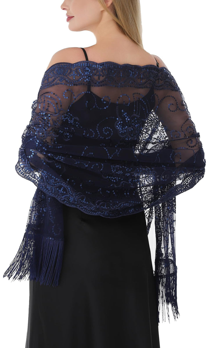 SEAUR Damen Pailletten Floral Umschlagtücher und Stola mit Fransen 1920er-Stil Festlicher Schultertu
