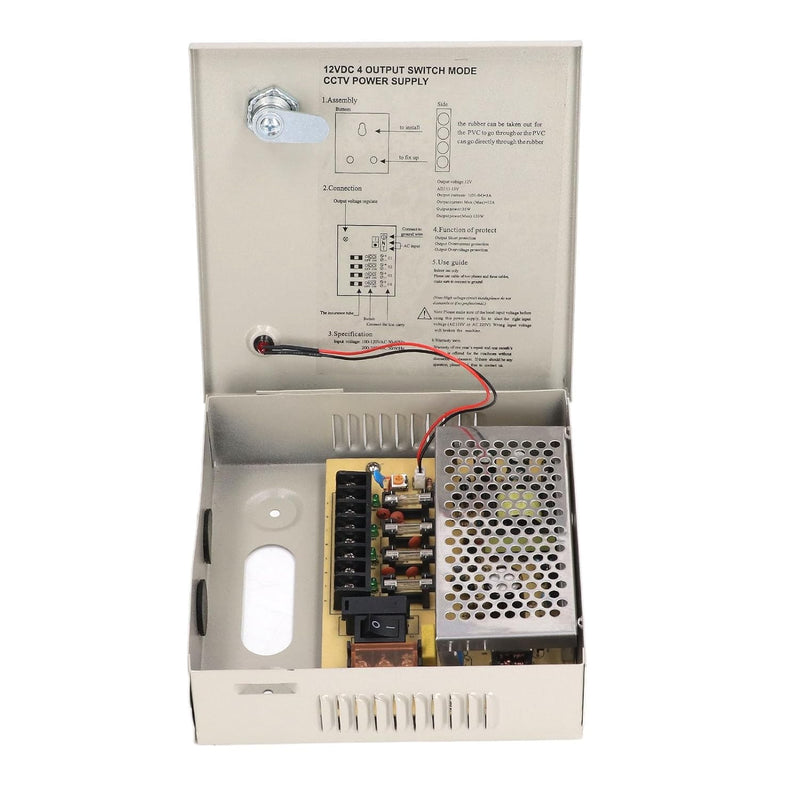 4-Kanal-12-V-Netzteilbox, CCTV-Netzteil mit Metallbox und Schloss für Überwachungskameras, DVRs, IP-