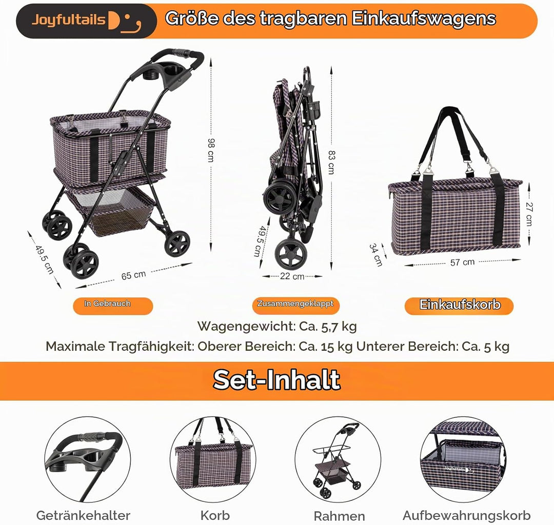 Einkaufstrolley klappbar mit 52L Kapazität und belastbar bis 25kg, Tragbarer Einkaufstrolley mit sta