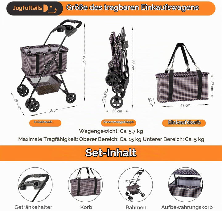 Einkaufstrolley klappbar mit 52L Kapazität und belastbar bis 25kg, Tragbarer Einkaufstrolley mit sta