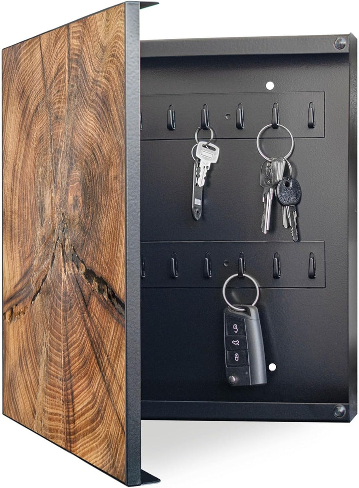 banjado® Grosser Schlüsselkasten Glas/Schlüsselbox 30cm x 30cm mit 50 Haken - Motiv Jahresringe/Schl