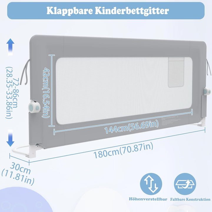 UISEBRT Bettgitter 180cm Bettschutzgitter Klappbar für Kleinkinder, Rausfallschutz Höhenverstellbar
