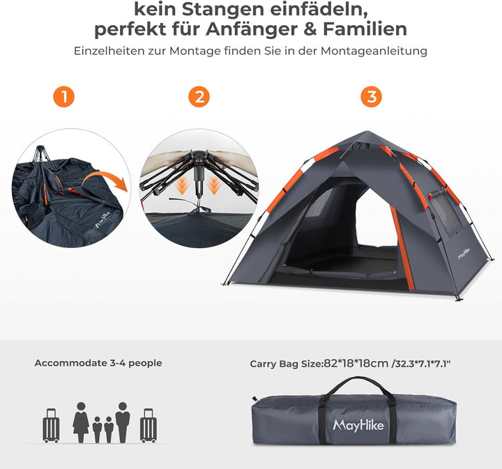 Camping Zelt 2 Personen Wurfzelt – Automatik Pop Up Zelt wasserdicht 3000mm mit 2 Türen und 2 Fenste