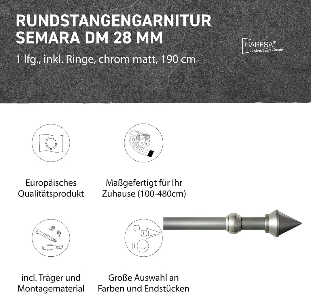 Garesa Gardinenstange Semara Ø 28mm, 1-läufig, Chrom, matt I Stabile Vorhangstange inkl. Ringe + Fal