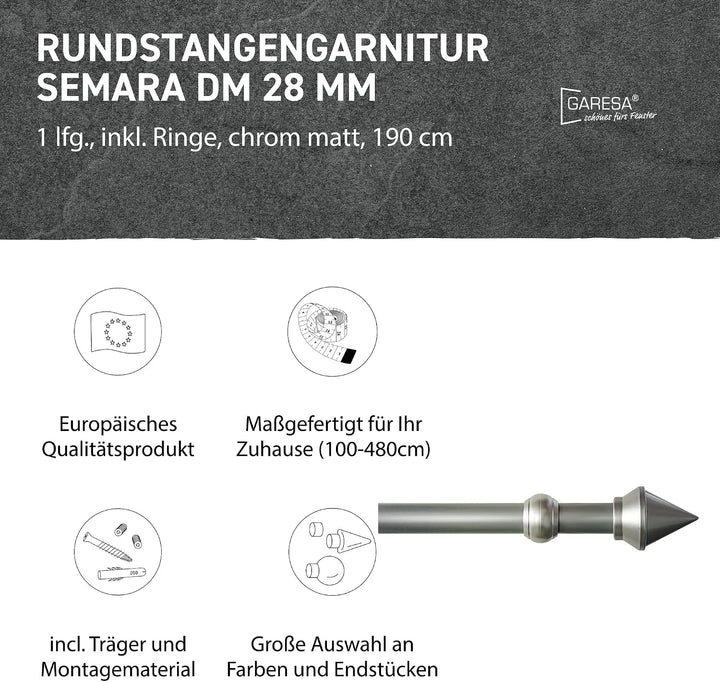 Garesa Gardinenstange Semara Ø 28mm, 1-läufig, Chrom, matt I Stabile Vorhangstange inkl. Ringe + Fal