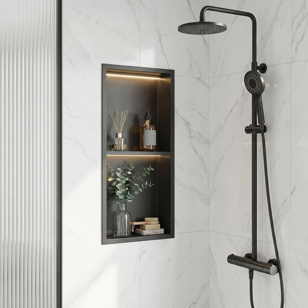 Zyncove Wandnische Dusche mit LED-Beleuchtung (4000K Warmweiss), 304 Edelstahl Duschnische mit Ablag