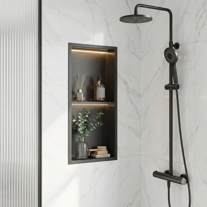 Zyncove Wandnische Dusche mit LED-Beleuchtung (4000K Warmweiss), 304 Edelstahl Duschnische mit Ablag