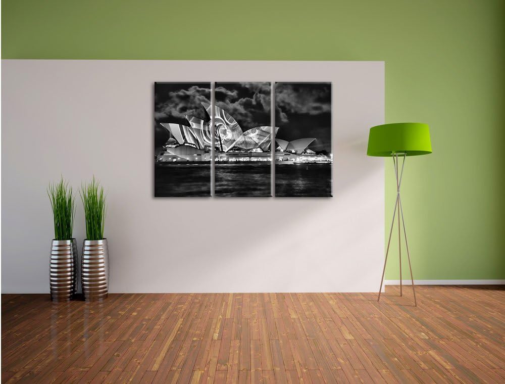 Pixxprint Monocrome, Sydney Opera House Lichter 3-Teiler Leinwandbild 120x80 Bild auf Leinwand