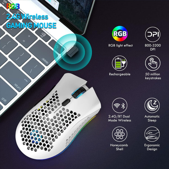 Bluetooth Gaming Maus, Light Honeycomb Maus mit RGB Hintergrundbeleuchtung, einstellbare DPI, Blueto