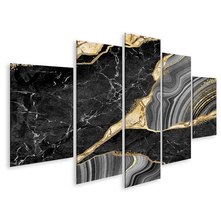 islandburner Bild auf Leinwand Abstrakter Hintergrund Schwarzer Marmor und Achat Mosaik mit goldenen
