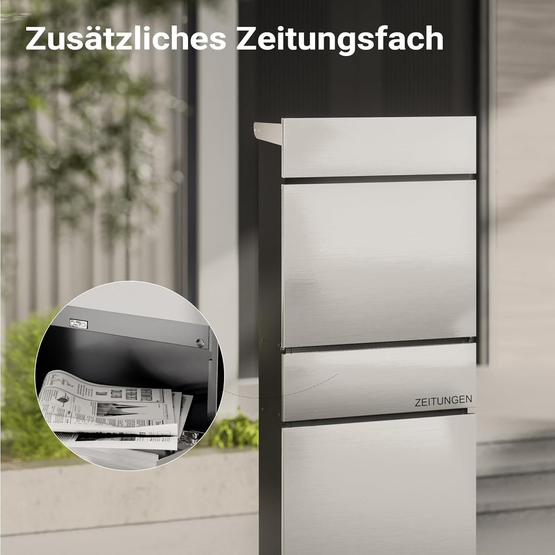 Wiltec Standbriefkasten mit Zeitungsrolle in Silberfarben 395 x 142 x 1150 mm aus Stahl, Briefkasten