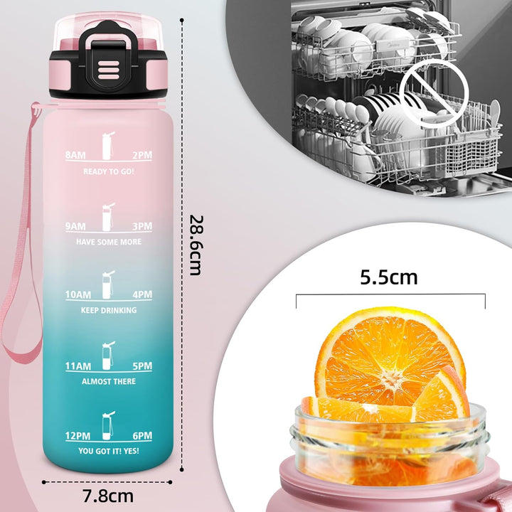 HoneyHolly Trinkflasche 1L, Zeitmarkierung, Wasserflasche, Auslaufsicher, Trinkflasche Sport, Wieder