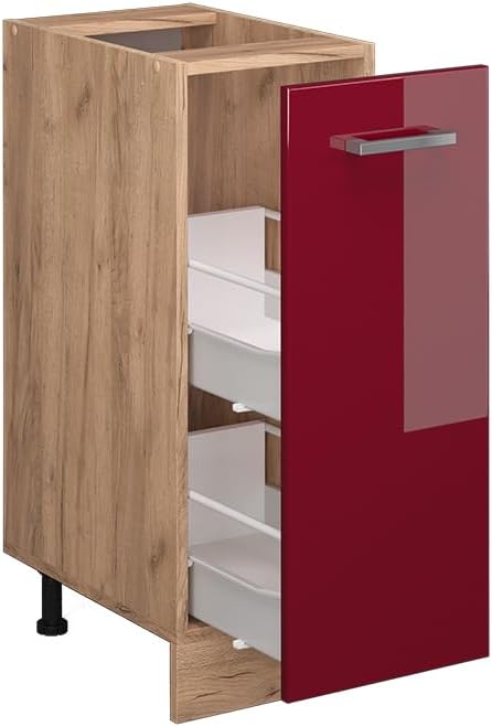 Vicco Unterschrank für die Küche: R-Line, Bordeaux Hochglanz/Goldkraft Eiche, 30 cm AP Marmor Bordea