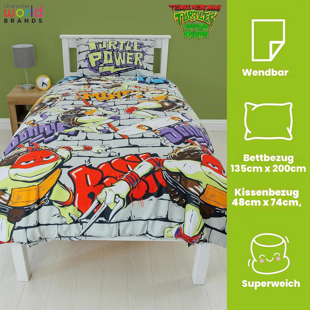 Character World Offizielles Teenage Mutant Ninja Turtles Bettwäsche-Set für Einzelbett, Power-Design