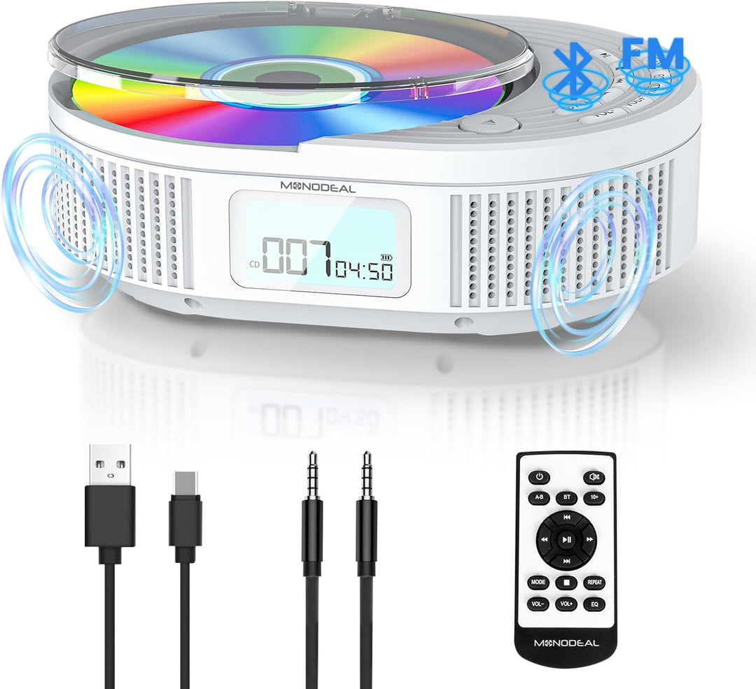 MONODEAL NEU 2024 CD Player Tragbar, CD Player Bluetooth & Radio FM 2 in 1, Wiederaufladbar Tragbare