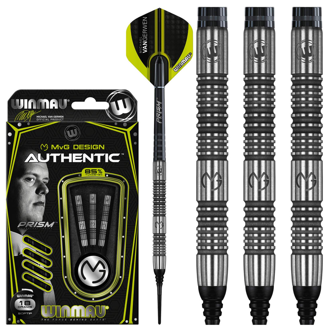 WINMAU Michael Van Gerwen MvG Authentic 22g Profi Wolfram Softip Dartpfeile Set mit Flights und Schä