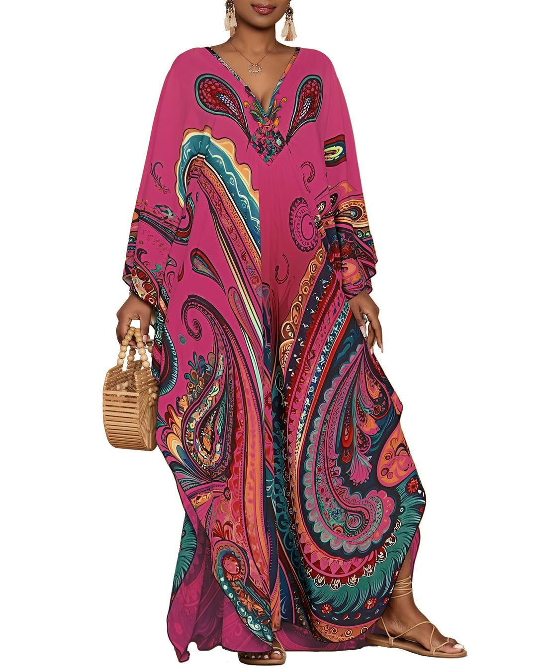 Bsubseach Damen Kaftan Kleider Batwing Sleeve Strandkleid V-Ausschnitt Caftan Maxi Kleid Sommer A-Ro