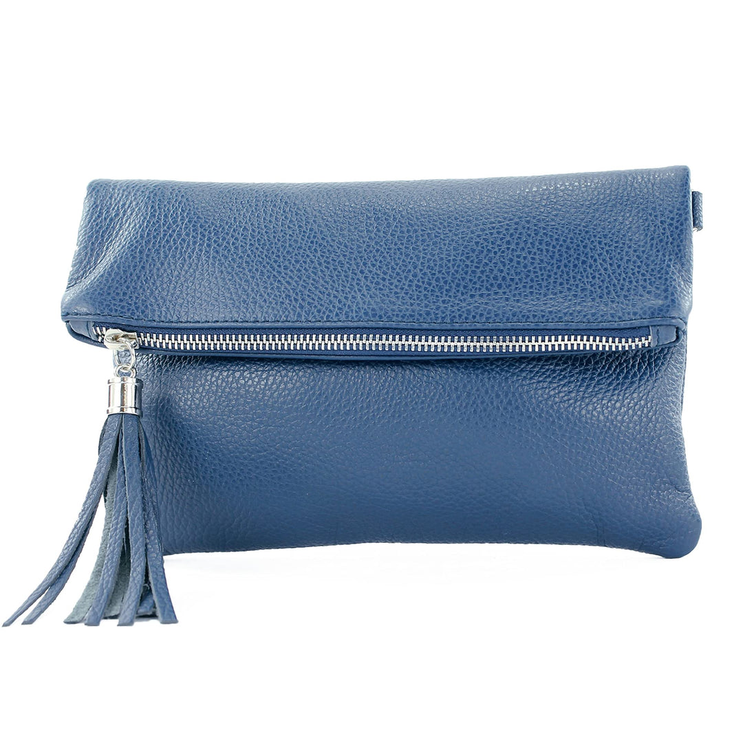 modamoda de - T167 - ital Clutch Umhängetasche Leder Klein Saphirblau, Saphirblau