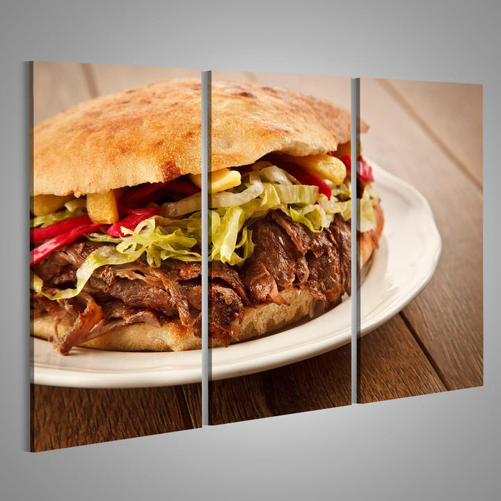 Bild Bilder auf Leinwand Döner Kebab - gegrilltes Fleisch, Brot und Gemüse Shawarma Sandwich Wandbil