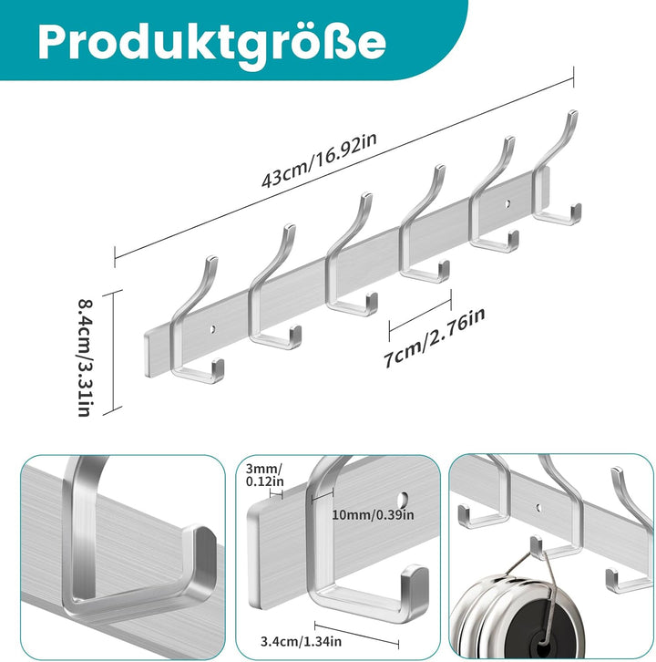 Garderobenhaken Edelstahl Hakenleiste Garderobe Garderobenleiste Silber Kleiderhaken Wand mit 6 Hake