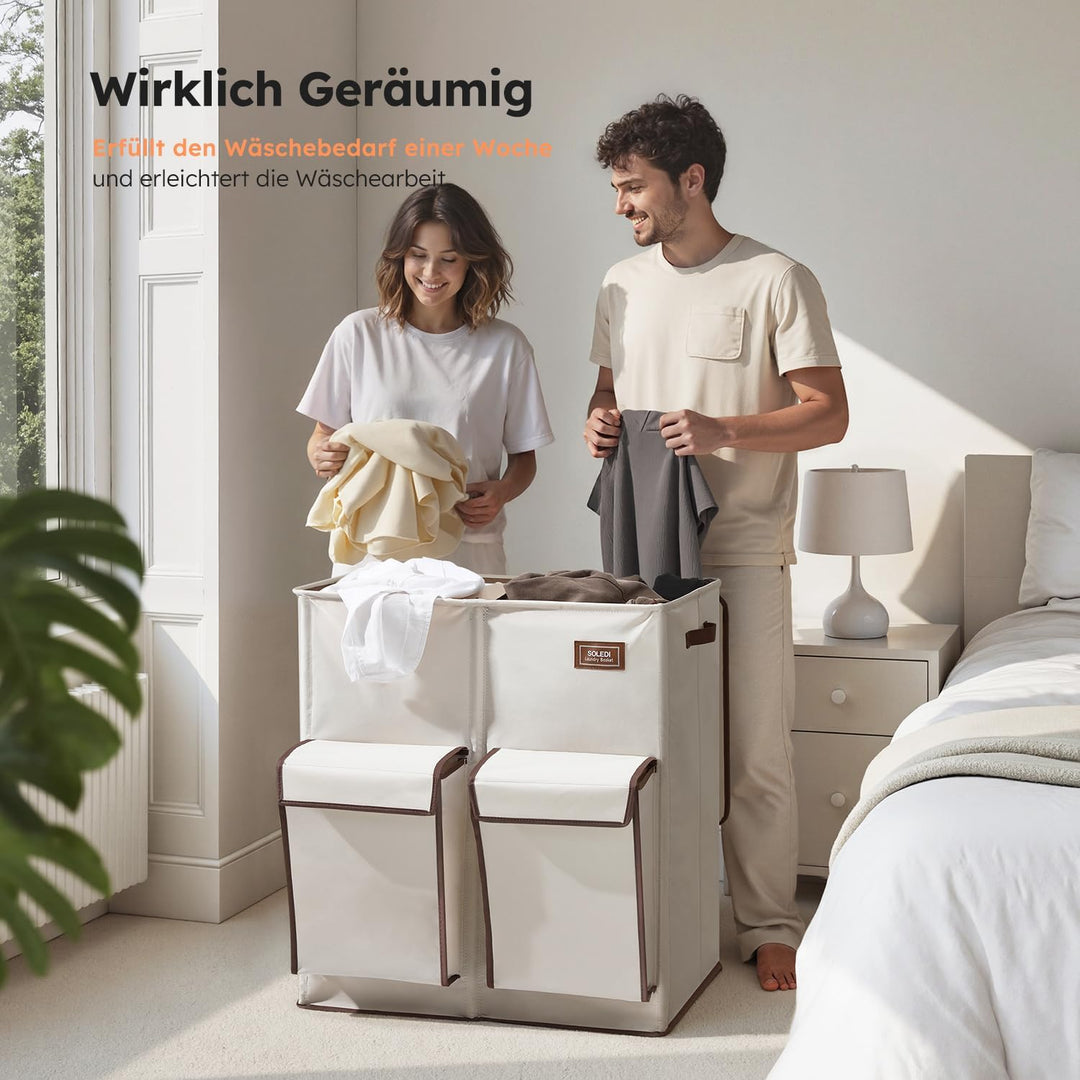 SOLEDI 180L Wäschekorb mit Deckel, Wäschesammler 2 Fächer mit 2 Seitentaschen, Laundr Baskets mit 2