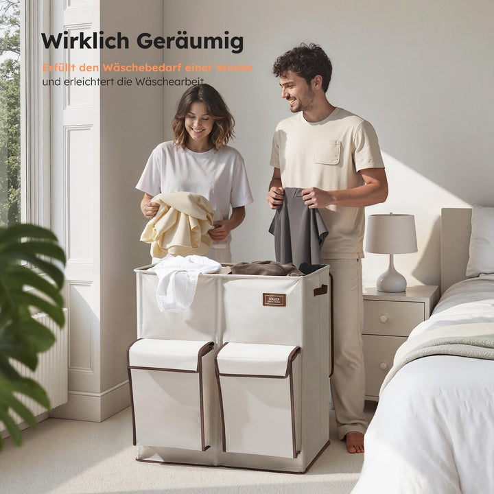 SOLEDI 180L Wäschekorb mit Deckel, Wäschesammler 2 Fächer mit 2 Seitentaschen, Laundr Baskets mit 2