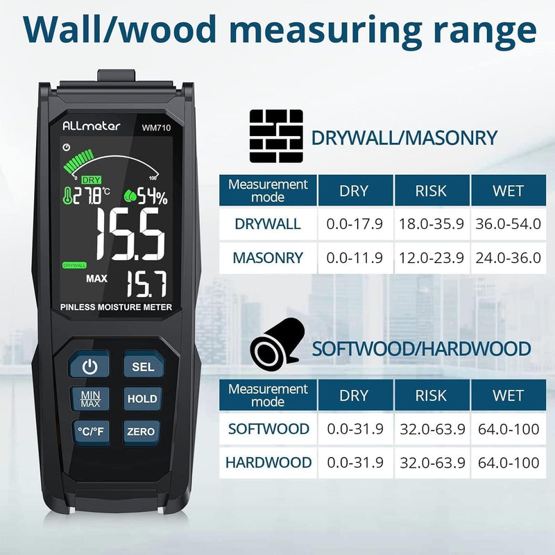 ALLmeter Nadelloser Holzfeuchtemessgerät Feuchtigkeitsmessgerät mit Temperatur-/Feuchtigkeitssonde 2