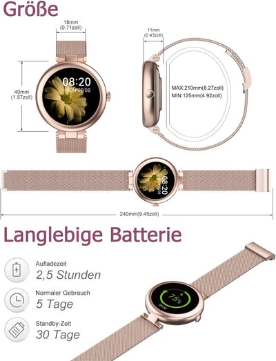 SHANG WING Lynn Smartwatch Damen,1.1 Zoll Klein Touchscreen Fitnessuhr Damen,Klein Stilvoll Fitnessu