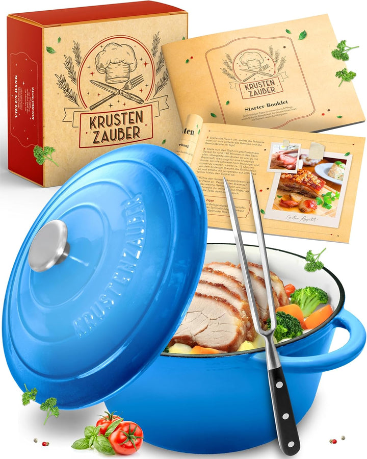 KRUSTENZAUBER Gusseisen Topf [inkl. Fleischgabel] - Hochwertiger 24cm Schmortopf backofengeeignet -