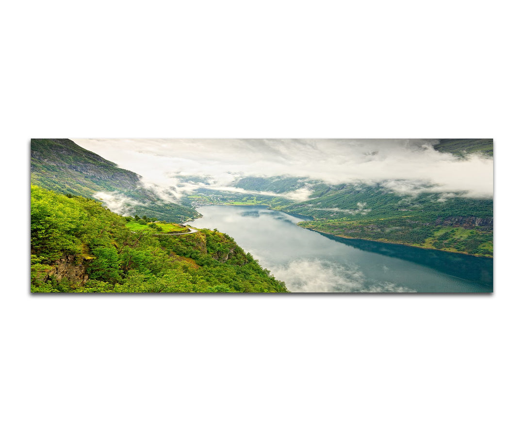Paul Sinus Art Panoramabild auf Leinwand und Keilrahmen 120x40cm Norwegen Fjord Landschaft Nebel