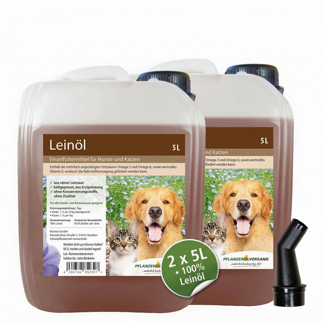 Leinöl für Hunde und Katzen, kaltgepresst 100% rein, ohne Zusätze, 2x5L + Ausgiesser