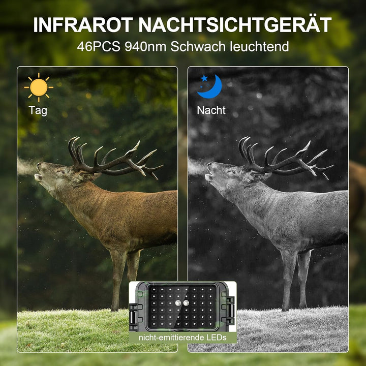 Wildkamera, 4K Video Wildtierkamera, 60MP Full HD WLAN mit Handyübertragung APP, Bewegungssensor, Na