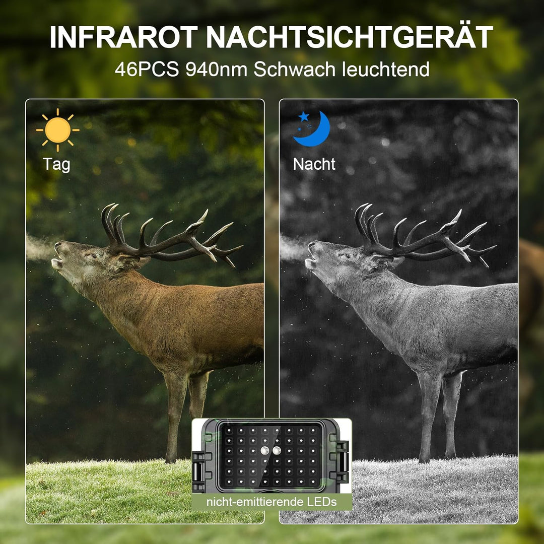 Wildkamera, 4K Video Wildtierkamera, 60MP Full HD WLAN mit Handyübertragung APP, Bewegungssensor, Na