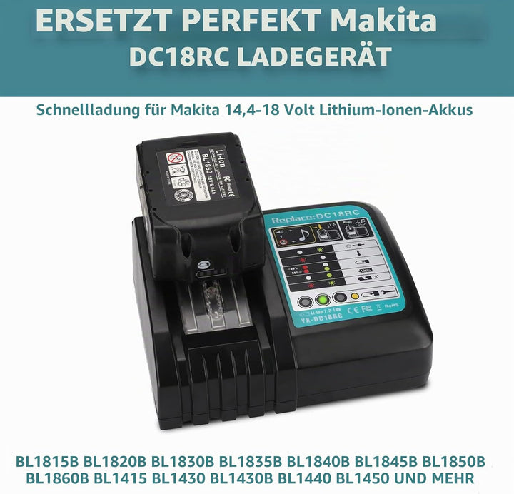 3A Ladegerät für Makita 18V Akku DC18RC 14.4-18V für BL1850 BL1860B BL1830B BL1840B Li-Ion Akku Ersa